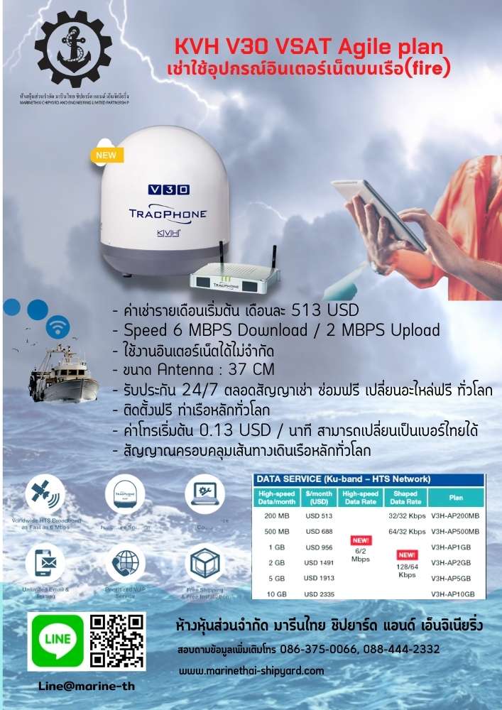 บริการ เช่าใช้อุปกรณ์อินเตอร์เน็ตบนเรือ(fire) KVH V30 VSAT Agile plan